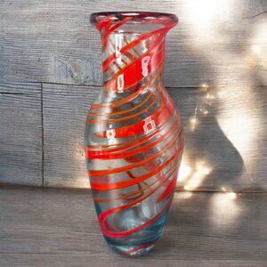 Hand Blown Blenko Style Clear Red Swirl Glass Vase Heavy Hand Made Glass Vase